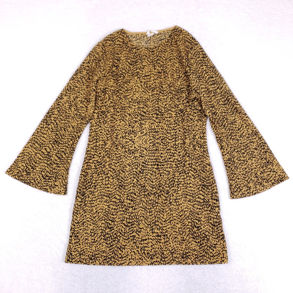 HM Bell Sleeve Shift Dress Womens L Leopard Animal Print Plisse Retro Tunic